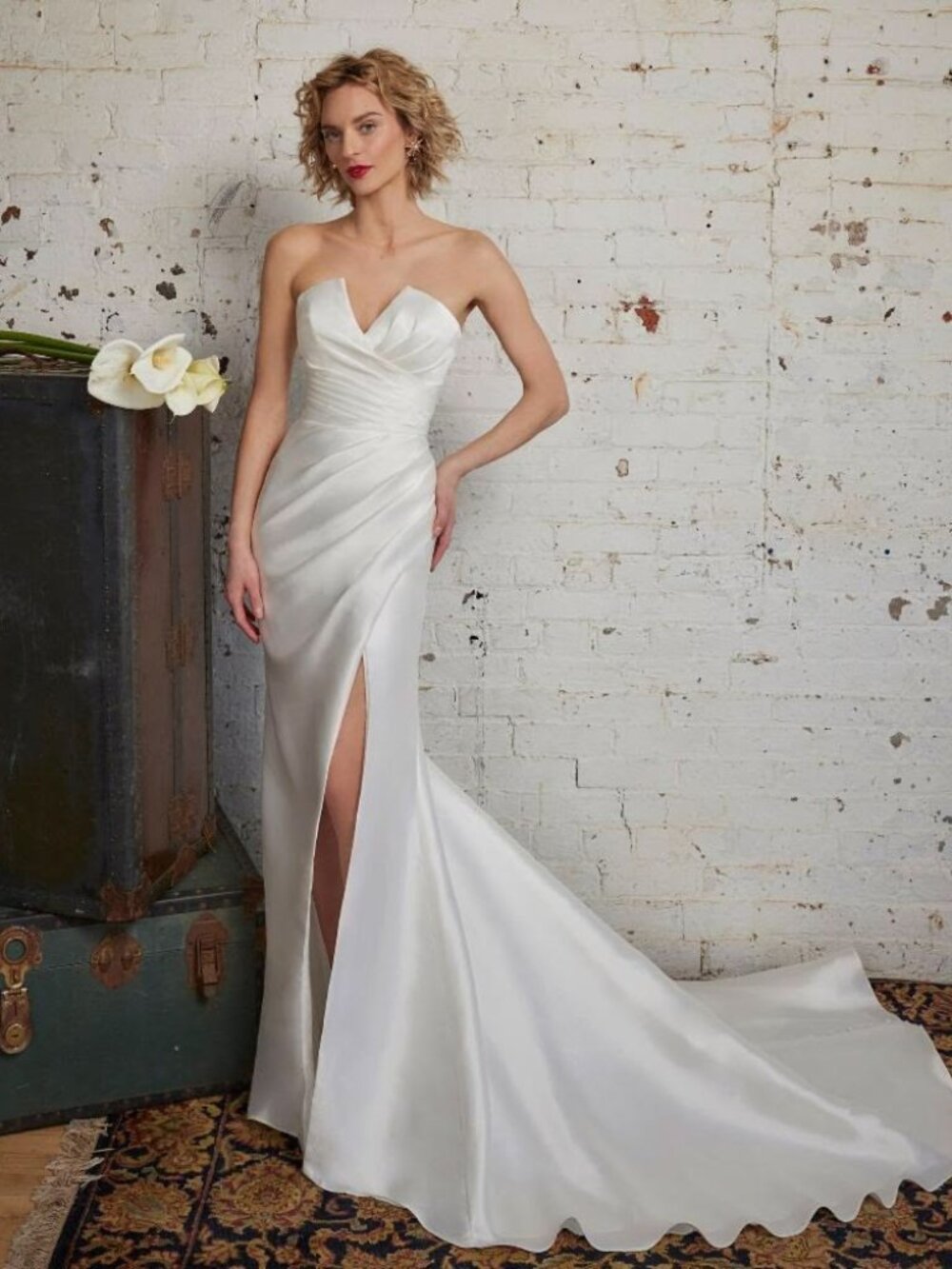 Calla Blanche Holland Wedding Gown Size 12 Mikado Detachable Overskirt Arm Bands